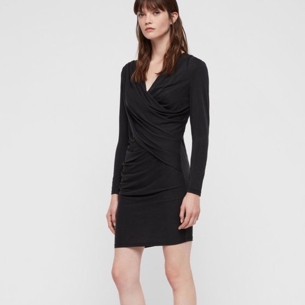 AllSaints Sofia LS Jersey Dress Women Large Black Draped Ruched Mini Classic LBD